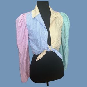 🌸THREAD STORY CROP TOP! SUPER CUTE PASTEL PINSTRIPES TIE BLOUSE! FUN & FLIRTY!